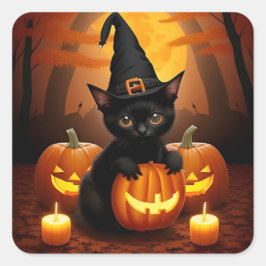 Adesivo Quadrado Chapéu de Bruxa Gatinho Preto Abóboras de Hallowee