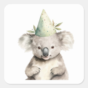 Adesivo Quadrado Chapéu de Festa de Aniversário de Urso Koala Feliz