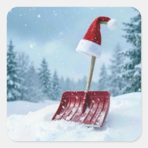 Adesivo Quadrado Chapéu de Natal do Papai Noel na pá de neve vermel
