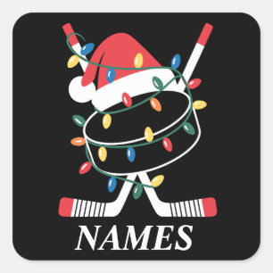 Adesivo Quadrado Chapéu de Natal Personalizado com Nome de Hockey G