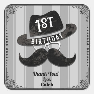 Adesivo Quadrado Chapéu de Óculos Bigode de Hipster Aniversário de 