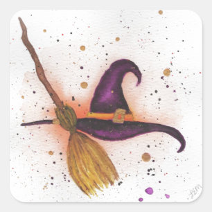 Adesivo Quadrado Chapéu e vassoura da bruxa do Halloween