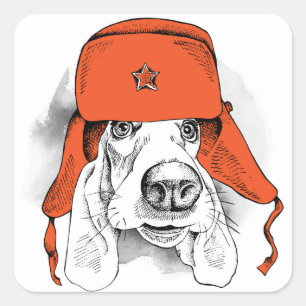 Adesivo Quadrado Chapéu vermelho de Basset Hound Ushanka