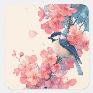 Adesivo Quadrado Chapim-de-cabeça-preta e Harmonia das Flores de Ce