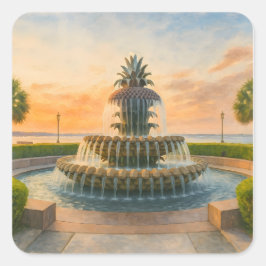 Adesivo Quadrado Charleston Pineapple Fountain Watercolor Sunset