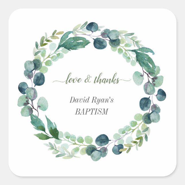 Adesivo Quadrado Charm Eucalyptus Foliage Wreath Boy Baptism (Frente)