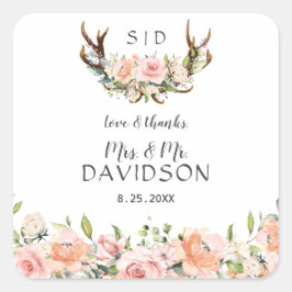 Adesivo Quadrado Charm Pink Blush Flowers Antlers Casamento Monogra