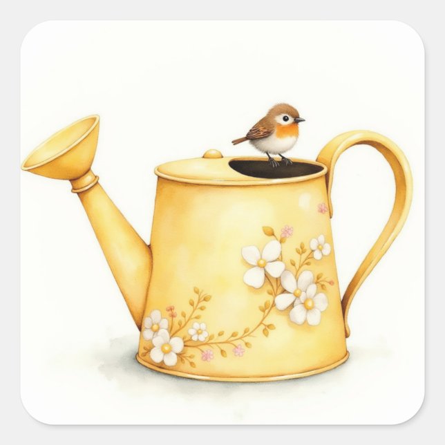 Adesivo Quadrado Charming little robin perched on a watering can (Frente)