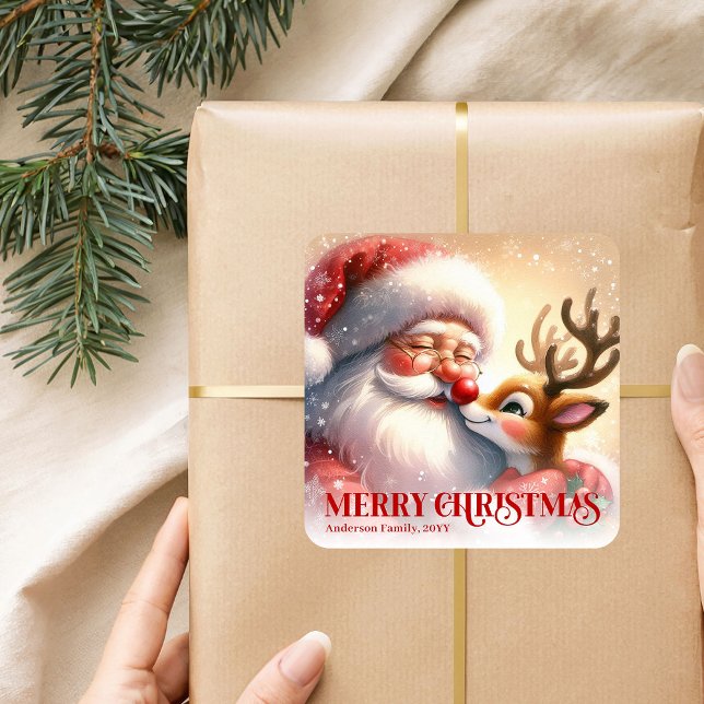 Adesivo Quadrado Charming Santa Rudolph Personalized Christmas Kids (Charming Santa Rudolph Personalized Christmas Kids Sticker)