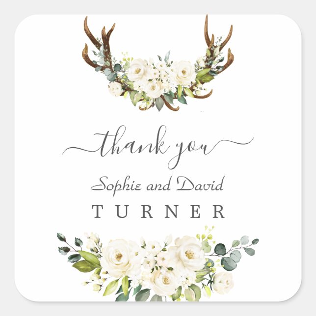 Adesivo Quadrado Charmoso Aquarela Flores Brancas Amarradores Casam (Frente)