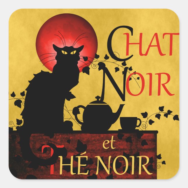 Adesivo Quadrado Chat Noir et Thé Noir, Black Cat Tea (Frente)