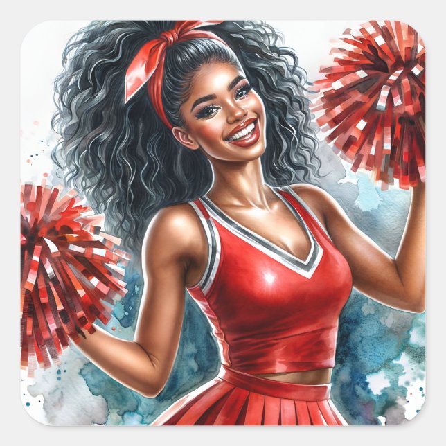 Adesivo Quadrado Cheerleader Africano-Americano Na Red Watercolor (Frente)