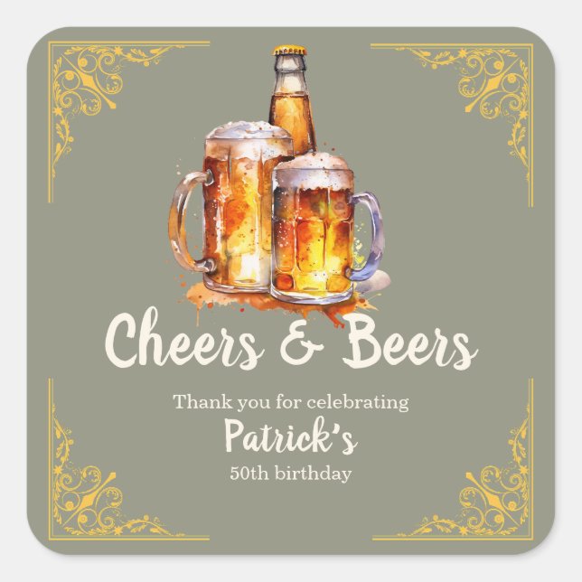Adesivo Quadrado Cheers and Beers Glass Bottle 50th Birthday (Frente)