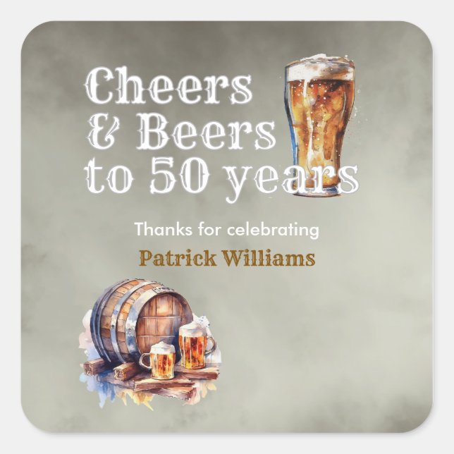 Adesivo Quadrado Cheers Beers 50 Years Black Smokey Men's Birthday (Frente)
