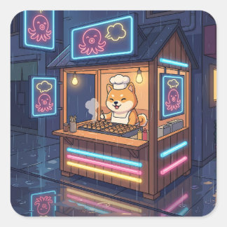 Adesivo Quadrado Chef Shiba's Neon Takoyaki Stand