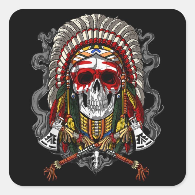 Adesivo Quadrado Chefe de Estado Americano do Skull Indian Headdres (Frente)