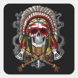 Adesivo Quadrado Chefe de Estado Americano do Skull Indian Headdres