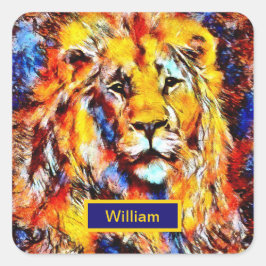 Adesivo Quadrado Chefe de uma Arte de Vintagem de Leão com Nome