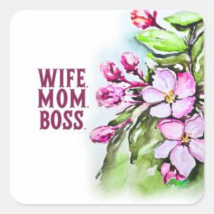 Adesivo Quadrado Chefe Mãe Esposa, Flores Rosa