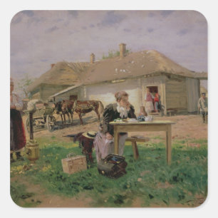 Adesivo Quadrado Chegada de uma senhora da escola no