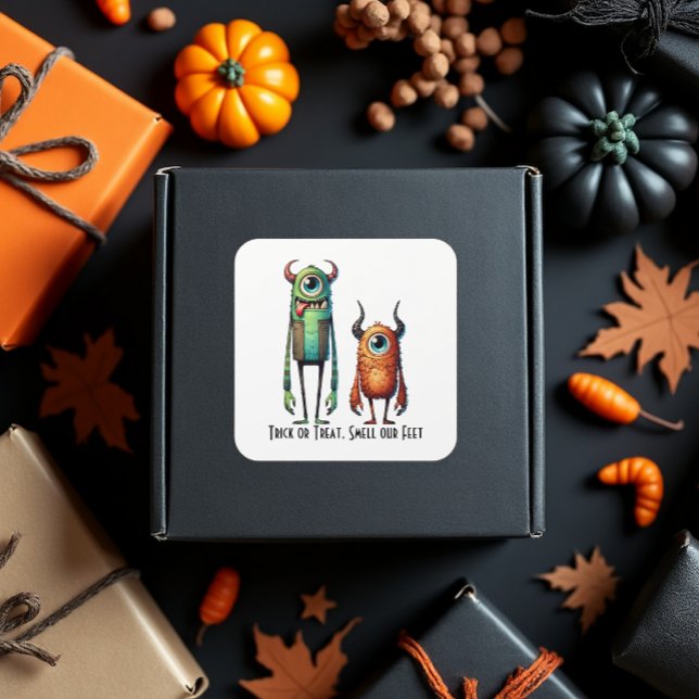 Adesivo Quadrado Cheire nossos amigos monstros de pés personalizado (Send your baked goods home in style.)