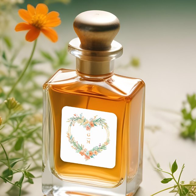 Adesivo Quadrado Cherish Orange & Green Floral Heart Wreath Wedding (Cherish Romantic Orange & Green Floral Heart Shape Wreath Wedding Square Stickers. )