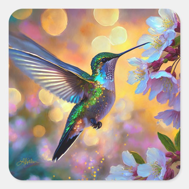 Adesivo Quadrado Cherry Blossom Fantasy Hummingbird (Frente)