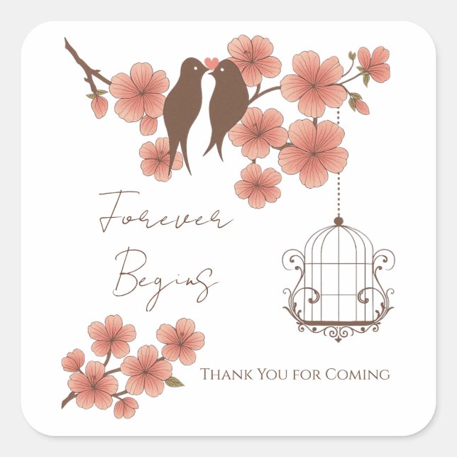 Adesivo Quadrado Cherry Blossom Lovebirds Wedding Sticker (Frente)