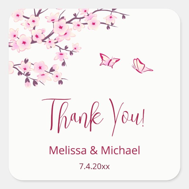 Adesivo Quadrado Cherry Blossom Thank You Wedding Favor   (Frente)