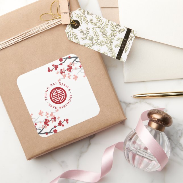 Adesivo Quadrado Cherry Blossomo Símbolo Longevidade Aniversário Ch (Presentear)