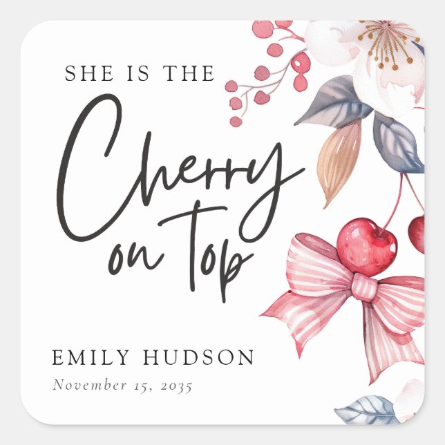 Adesivo Quadrado Cherry no Chá de fraldas de coquete do Arco Rosa S (Frente)