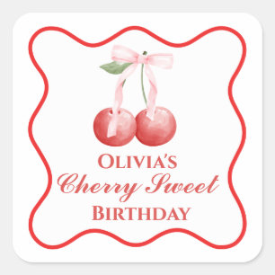 Adesivo Quadrado Cherry Sweet aniversário Gingham, Arco Rosa