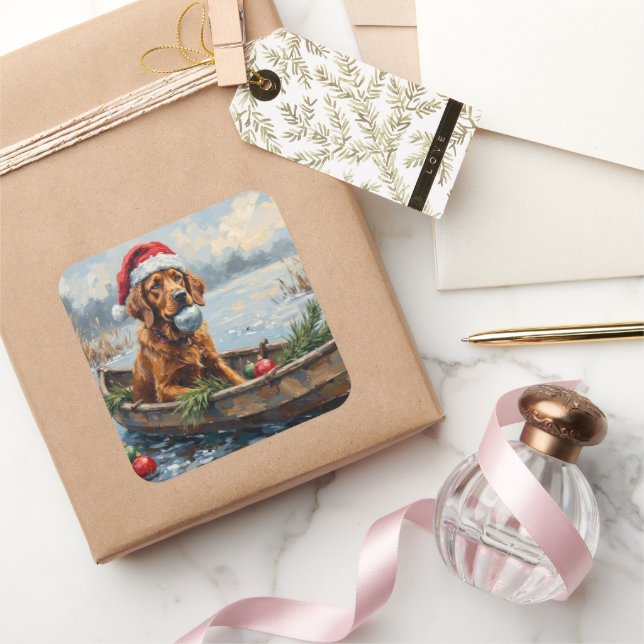 Adesivo Quadrado Chesapeake Bay Retriever Christmas Hunting Boat (Presentear)