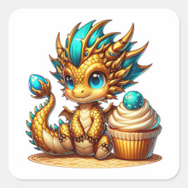 Adesivo Quadrado Chibi Dourado e Dragão Azul Cugado com Cupcake