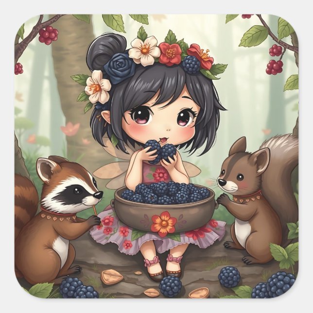 Adesivo Quadrado Chibi Fairy Eating Blackberries with Forest Friend (Frente)