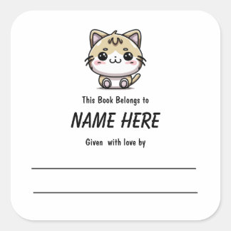 Adesivo Quadrado Chibi Ginger Cat Bookplate com Mensagem