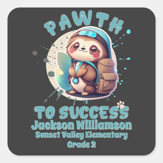 Adesivo Quadrado Chibi Kawaii Cute Sloth Grau de Escola (Frente)