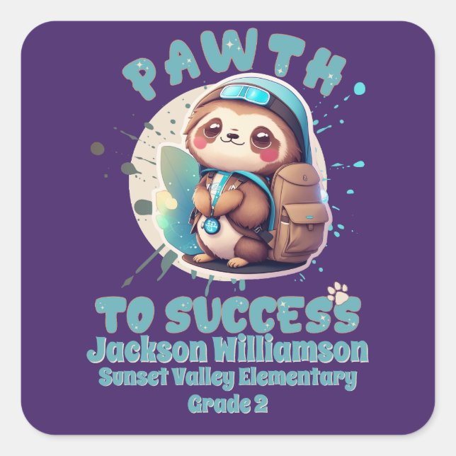 Adesivo Quadrado Chibi Kawaii Sloth Name School Grade (Frente)