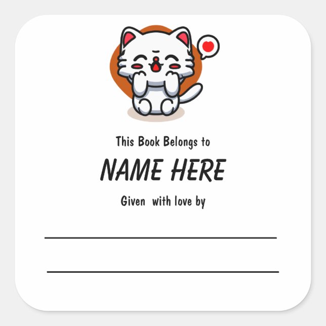 Adesivo Quadrado Chibi Love Cat Children's Bookplate com mensagem (Frente)