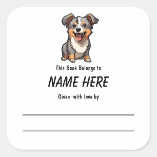 Adesivo Quadrado Chibi Puppy Children's Bookplate com mensagem