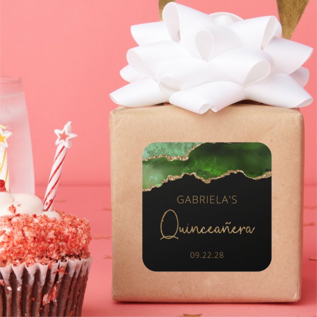 Adesivo Quadrado Chic Agate Geode Quinceañera Dourada Verde (Festa)