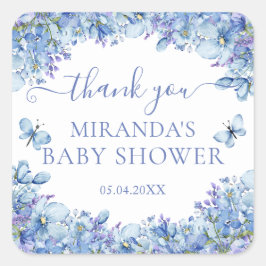 Adesivo Quadrado Chic Blue Watercolor Floral Baby Shower Thank You