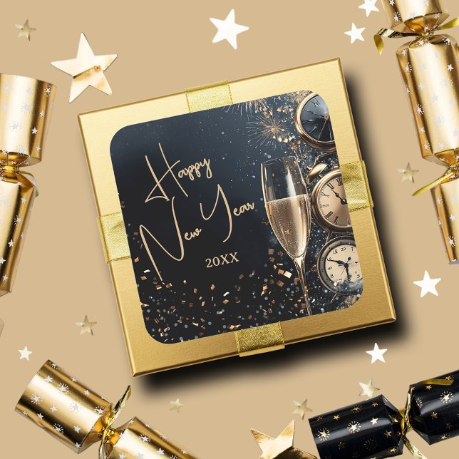 Adesivo Quadrado Chic Champagne Time Happy New Year (Champagne Time Happy New Year Square Stickers)