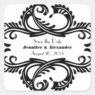 Adesivo Quadrado Chic Damask Save the Date Stickers, Black