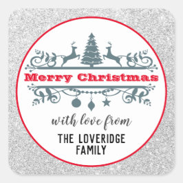 Adesivo Quadrado Chic e Festivo Vermelho Feliz Prata de Natal