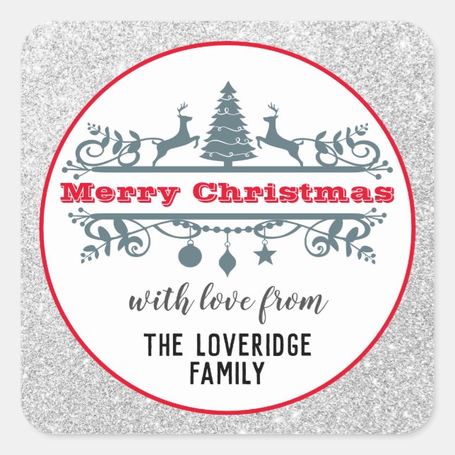 Adesivo Quadrado Chic e Festivo Vermelho Feliz Prata de Natal (Frente)