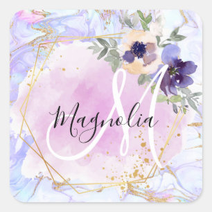 Adesivo Quadrado Chic Floral Azul Rosa Dourado Arco-Íris Mármore Mo
