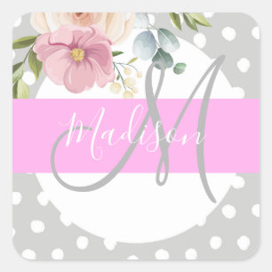 Adesivo Quadrado Chic & Girly Floral Branco Rosa Cinza Monograma No