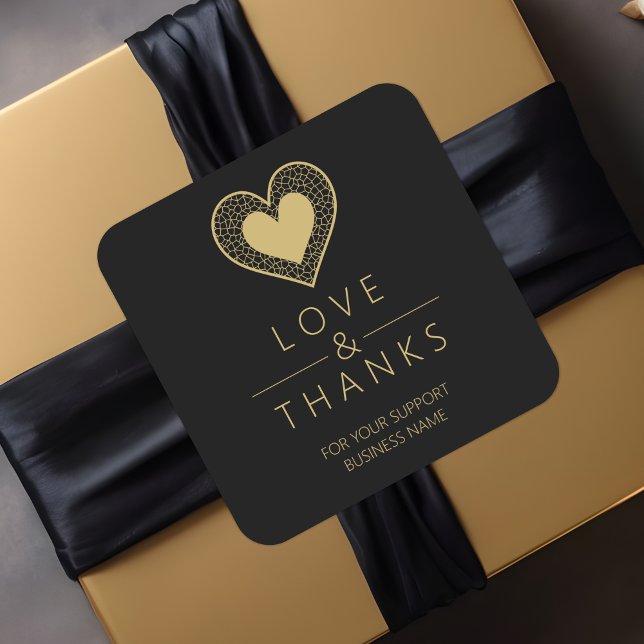 Adesivo Quadrado Chic Gold Black Heart Lace Effect Love & Thanks (Chic Fake Golden Black Heart Lace Effect Love & Thanks Supporting Small Business Square Sticker.)