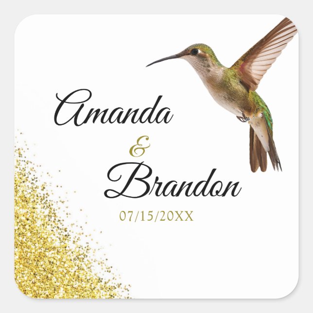 Adesivo Quadrado Chic Green Hummingbird e Dourado Casamento de Poei (Frente)